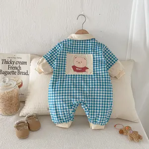 Cute baby winter plaid romper with bear pocket, warm fleece lined infant crawler for boys and girls.