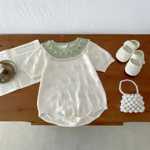 Sweet baby girls knit romper with green doll collar and cute cherry pattern for summer daily wear.