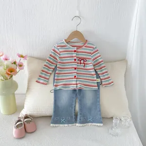 Baby girl knit cardigan and flared denim pants set, cute striped toddler clothing outfit.
