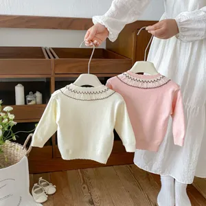 Cute toddler knit sweater with delicate ruffled collar, cozy long sleeve baby top for daily wear.