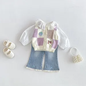 Infant toddler girl long sleeve blouse knitted vest denim pants set detail flat lay