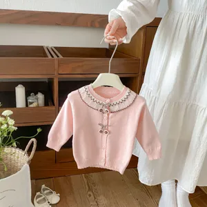 Baby girl pink knit cardigan with cute lace collar and cherry decor, soft toddler sweater.