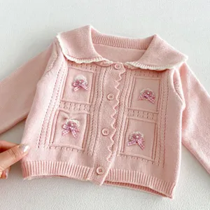 Pink knit cardigan detail, cute doll collar and bow embroidery, soft fabric for toddler girls.