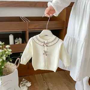 Baby infant cream knitted cardigan sweet lace collar cherry embroidery warm sweater