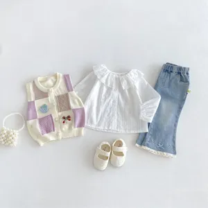 Adorable toddler baby girls spring outfit set knit sweater vest blouse flare jeans shoes