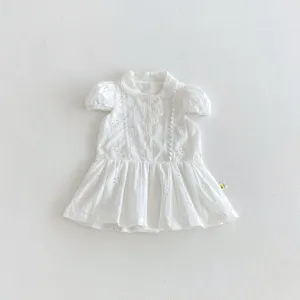 Robe bébé fille blanche broderie anglaise manches courtes col vue détail été doux