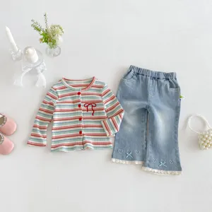 Toddler girl striped knit cardigan and flare jeans two piece outfit cute casual baby clothes