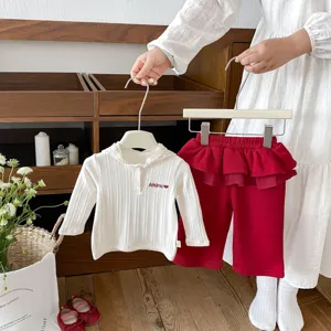 Toddler girl lace hooded ribbed sweatshirt and loose pants set, cute autumn two-piece outfit.