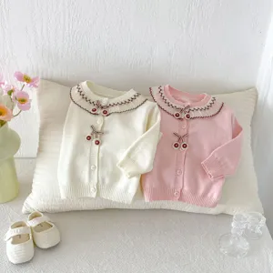 Cute baby girl knit cardigan featuring a sweet lace collar and adorable cherry design.