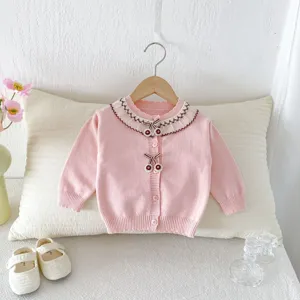 Cute baby girls knit cardigan pink sweater with delicate lace collar and sweet cherry details.
