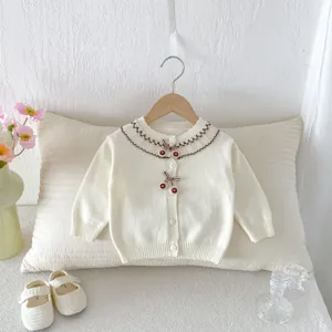 Infant baby girl knit cardigan sweater, cute lace collar and cherry details, soft fabric cozy daily wear