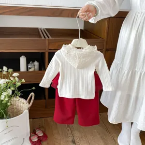 Toddler girls lace hooded ribbed sweater and red pants set autumn casual two-piece outfit