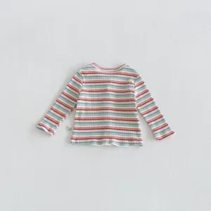 Detailed view of infant colorful striped knitted long sleeve top, soft ribbed fabric, comfortable.