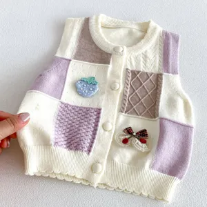 Baby toddler knit cardigan vest, cute patch color sleeveless sweater with floral embroidery.