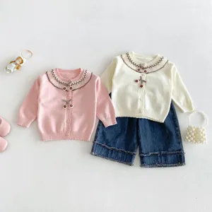 Toddler girls knit cardigan set cute cherry lace collar sweater and denim pants outfit