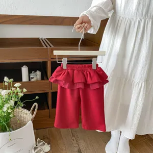 Toddler girls red casual ruffle waist pants cute autumn trousers comfortable daily wear apparel