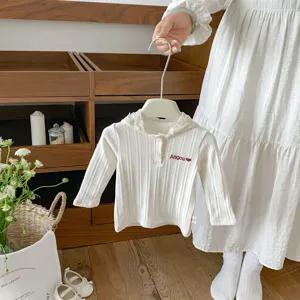 Infant girl ribbed hooded sweatshirt detail with lace trim and sweet chest embroidery.