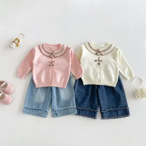 Toddler baby girl knit cardigan and denim shorts set sweet ruffle collar cute outfit 2pc