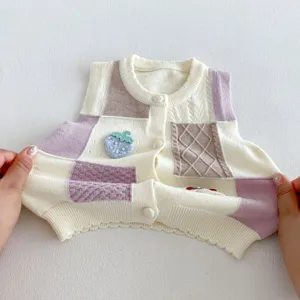 Infant knit cardigan vest, cute patch design with strawberry embroidery, soft toddler top.