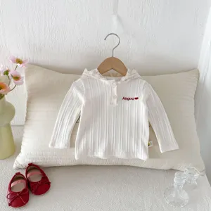 Baby white ribbed hoodie with lace collar, cute toddler long sleeve casual top for daily wear.