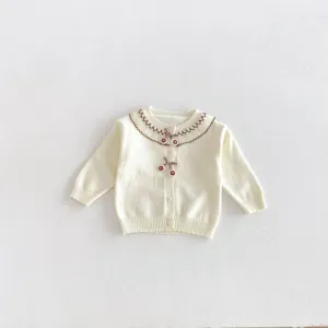 Cute baby girl knitted cardigan with lace collar and sweet cherry embroidery, warm cotton sweater.