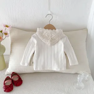 Baby girls white lace hooded ribbed long sleeve sweatshirt top for autumn casual daily wear