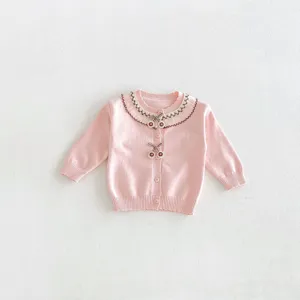 Adorable baby pink knitted cardigan featuring a delicate lace collar and sweet cherry details.