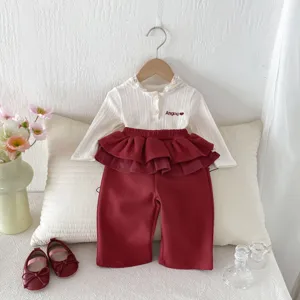 Autumn baby girls long sleeve ribbed top with lace collar and ruffled pants cute clothing set