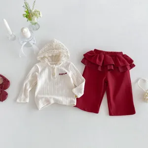 Autumn toddler girl lace hooded ribbed sweatshirt and ruffle pants two-piece set outfit