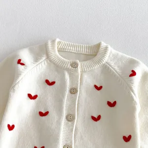 Vista dettagliata del cardigan in maglia per bambina con ricami di cuori rossi e bottoni.