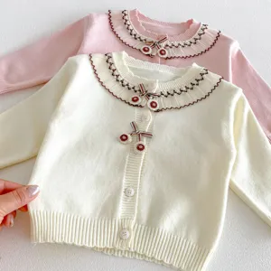 Cute baby toddler knit cardigan sweater with lace collar and cherry buttons, sweet toddler clothing.