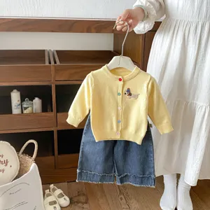 Toddler girls autumn fashion denim wide-leg pants and retro raw edge jeans cute set