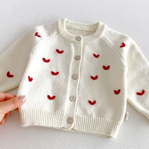 Cardigan lavorato a maglia per neonati, ricamo a cuore rosso carino, capospalla per bambini manica lunga.