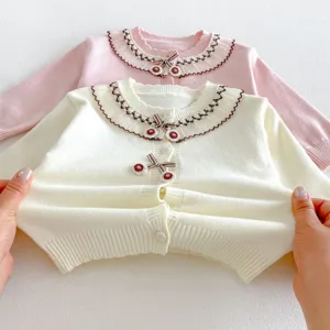 Toddler lace collar knit cardigan baby warm sweater cute cherry toddler outerwear detail