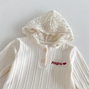 Baby girls lace hooded ribbed sweatshirt autumn casual pullover top with cute buttons.