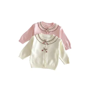 Cute baby knitted cardigan with sweet lace collar, soft warm toddler sweater coat.