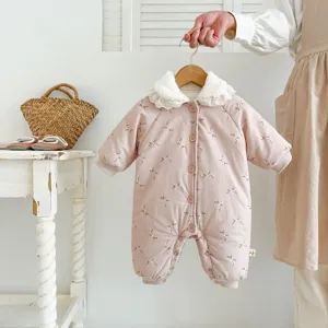 Infant Baby Girls Winter Warm Thickened Cotton Padded Romper Cute Floral Long Sleeve Jumpsuit Toddler Outerwear
