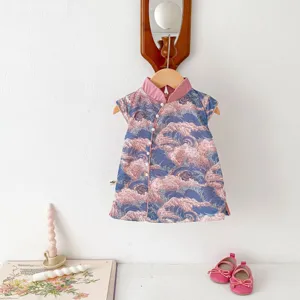 Girls Chinese Style Cheongsam Dress Summer Vintage Floral Print A-Line Princess Dress Toddler Kids Party Hanfu Clothes