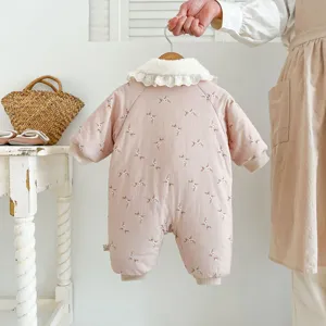 Infant winter quilted jumpsuit detail, floral print, plush lace collar, soft cozy baby romper.