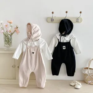 Cute baby overall set with matching bonnet and long sleeve shirt, perfect for autumn.