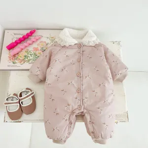 Baby winter floral padded jumpsuit with cozy sherpa collar, thick warm baby girl outerwear detail