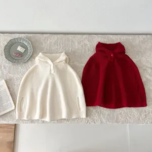 Bebé niña suéter capa con capucha de punto, bonita prenda exterior lisa de detalle.