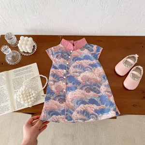 Summer baby girl Chinese style cheongsam dress, cute wave pattern short sleeve princess dress.