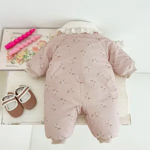 Cute baby winter fleece jumpsuit with floral print and lace collar, warm toddler snowsuit.