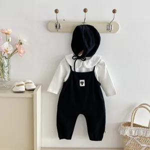 Cute infant baby autumn cotton overalls set with cat patch, long sleeve and bonnet.