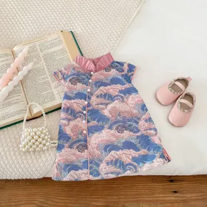 Summer baby girl Chinese style cheongsam dress with elegant wave pattern for kids daily wear.
