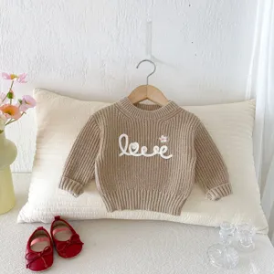 Girls cute knit sweater autumn crewneck pullover with letter embroidery toddler warm top