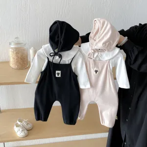 Cute baby jumpsuit set with hood and sweet cat patch, soft corduroy fabric for autumn wear.