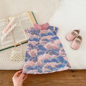 Summer Chinese style qipao dress for baby girls with wave pattern and pearl buttons detail view