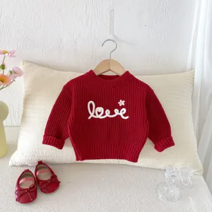Red knit sweater for little girls with cute embroidered love text and long sleeves warm top
